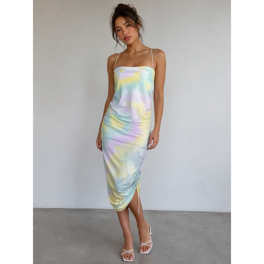 NEW DO+BE Womens Pastel Yellow Purple Satin Tie Dye Ruched Midi Dress Size Large